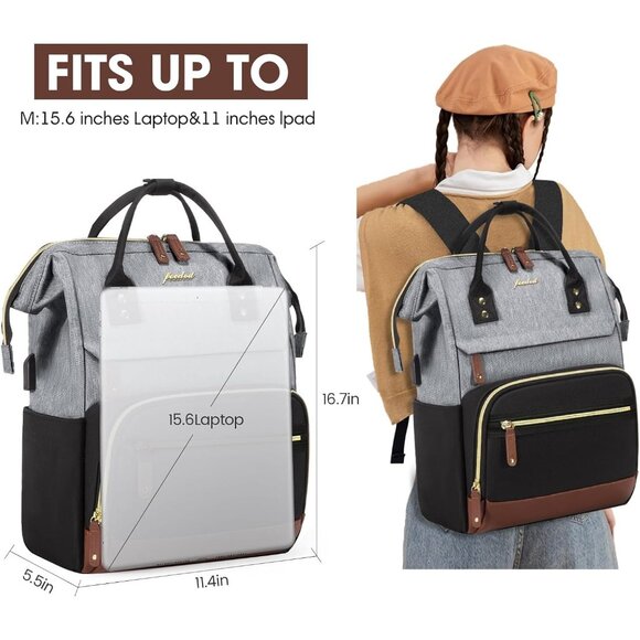 Women's Black-grey Laptop Backpack 15.6 Inch Work Travel Bag With Usb Charger - Picture 3 of 6